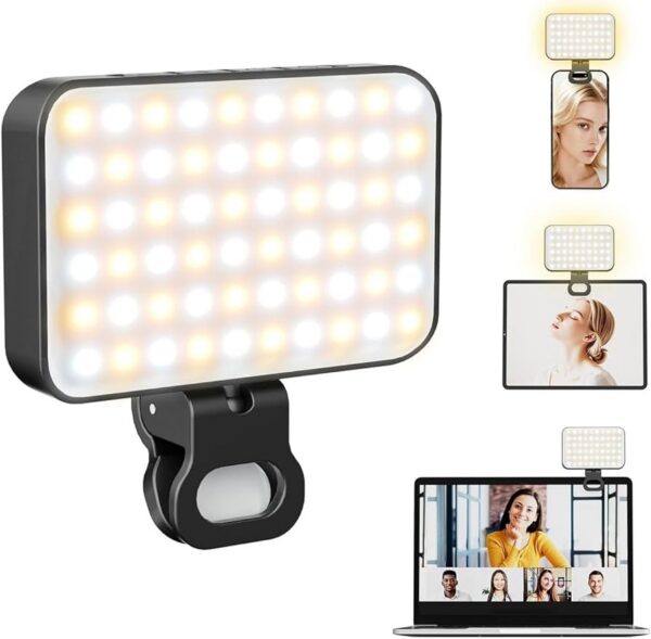 Mini foco LED con clip universal para videollamadas mostrando panel de luces mixtas y ejemplos de uso en portátil y móvil.